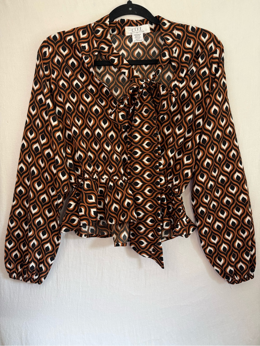 L.I.F.E Geometric Tie-Neck Blouse in Brown & Black Size M